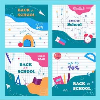 Back to school banner template set for social media, web, print. Sale flyers set with a modern abstract, notebook paper background and school items vector illustration.