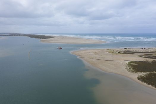 Aerial view of the mouth of the River Murray in regional South Australia in Australia