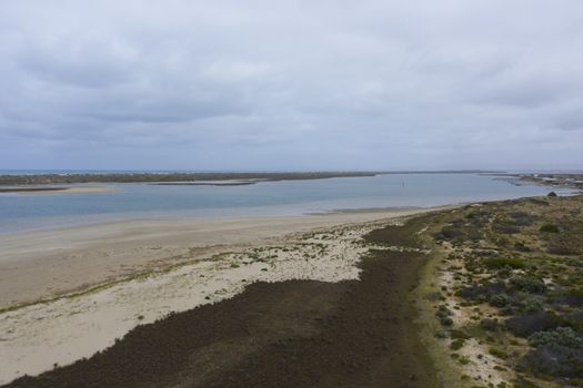 Aerial view of the mouth of the River Murray in regional South Australia in Australia