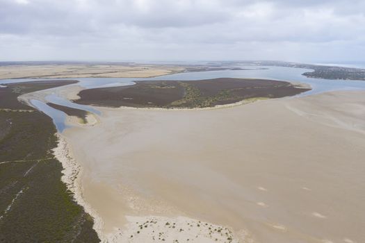 Aerial view of the mouth of the River Murray in regional South Australia in Australia