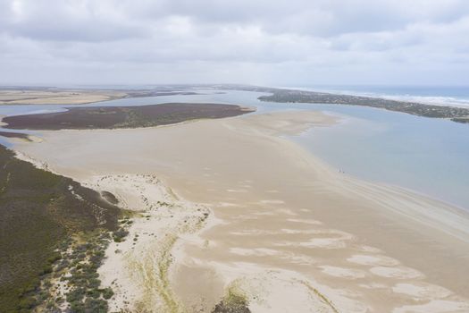 Aerial view of the mouth of the River Murray in regional South Australia in Australia