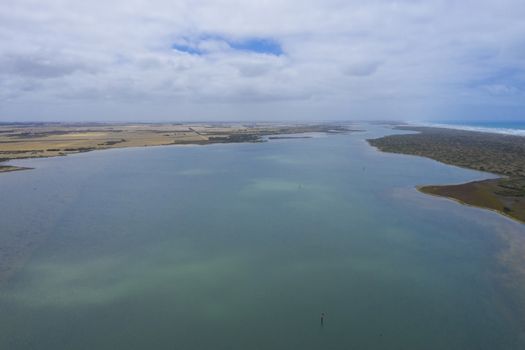 Aerial view of the estuary at Goolwa in regional South Australia in Australia