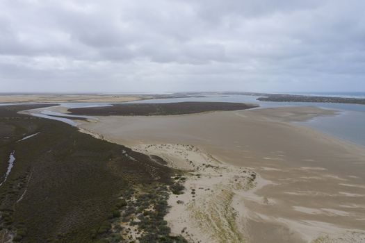 Aerial view of the mouth of the River Murray in regional South Australia in Australia