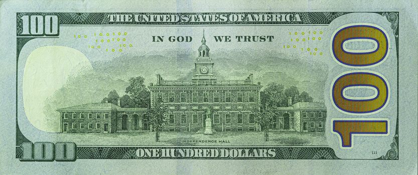 Isolated image of One hundred dollar bill new model, rear side