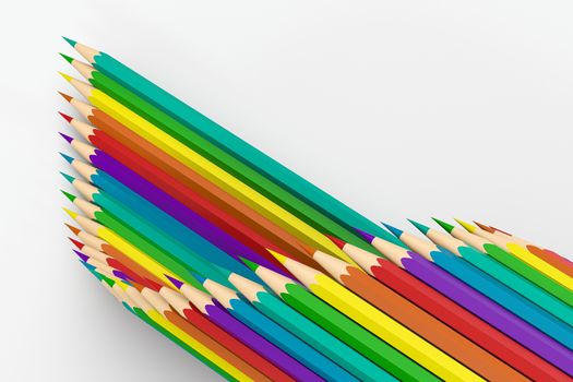 Colorful pencils in a row with white background, 3d rendering. Computer digital drawing.