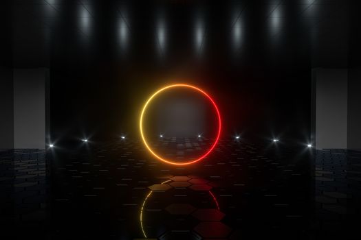 Gradient glowing lines with dark stage background, 3d rendering. Computer digital drawing.