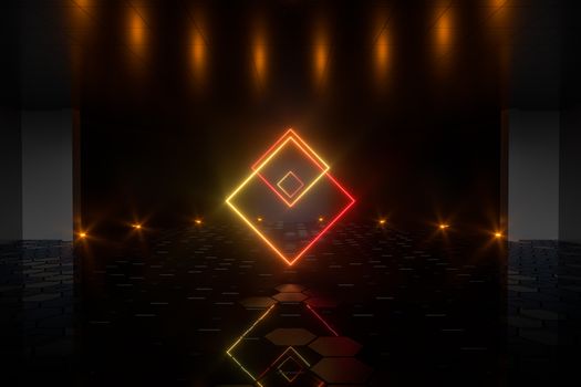 Gradient glowing lines with dark stage background, 3d rendering. Computer digital drawing.
