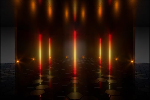 Gradient glowing lines with dark stage background, 3d rendering. Computer digital drawing.