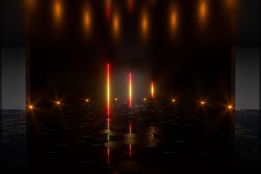 Gradient glowing lines with dark stage background, 3d rendering. Computer digital drawing.