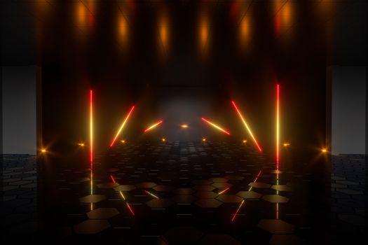 Gradient glowing lines with dark stage background, 3d rendering. Computer digital drawing.