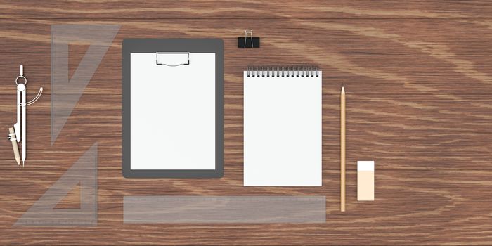 Various of stationery with wooden background, 3d rendering. Computer digital drawing.