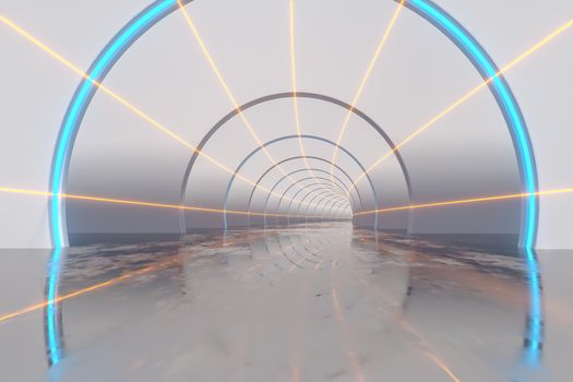 White tunnel with glowing lines background, 3d rendering. Computer digital drawing.