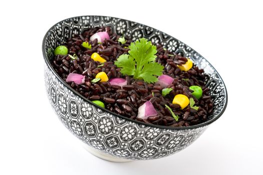 Black rice and vegetables isolated on white background