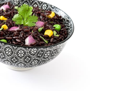 Black rice and vegetables isolated on white background