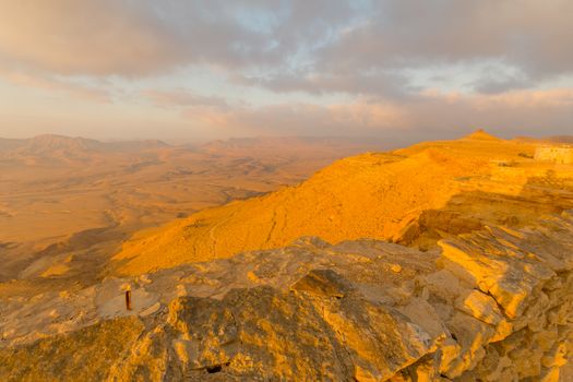 Sunrise view of cliffs and landscape in Makhtesh (crater) Ramon, the Negev Desert, Southern Israel