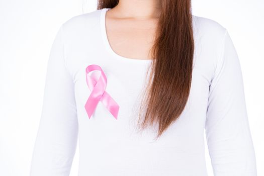 Breast cancer awareness ribbon on woman chest isolated over white background. Medical, healthcare for advertising concept.