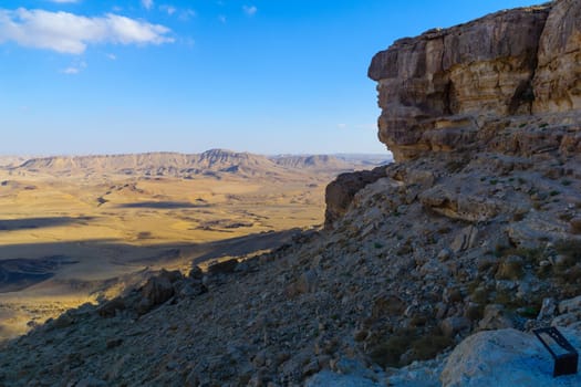 View of cliffs and landscape in Makhtesh (crater) Ramon, the Negev Desert, Southern Israel