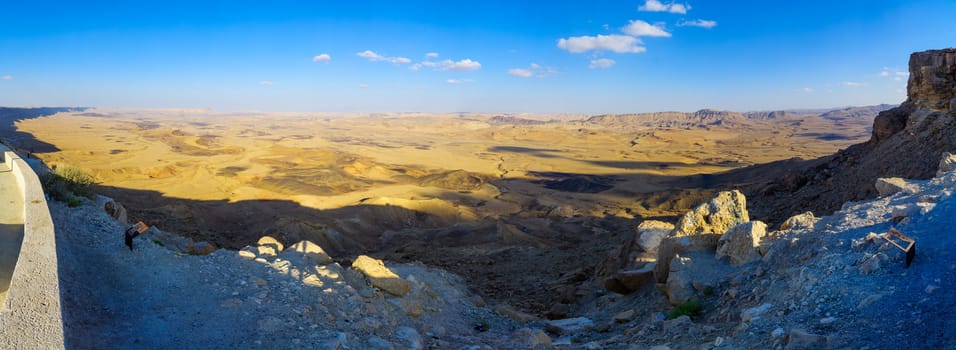 Panoramic view of cliffs and landscape in Makhtesh (crater) Ramon, the Negev Desert, Southern Israel