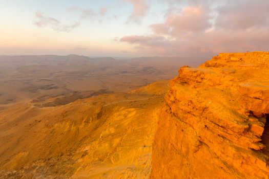 Sunrise view of cliffs and landscape in Makhtesh (crater) Ramon, the Negev Desert, Southern Israel