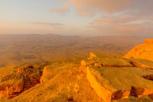 Sunrise view of cliffs and landscape in Makhtesh (crater) Ramon, the Negev Desert, Southern Israel