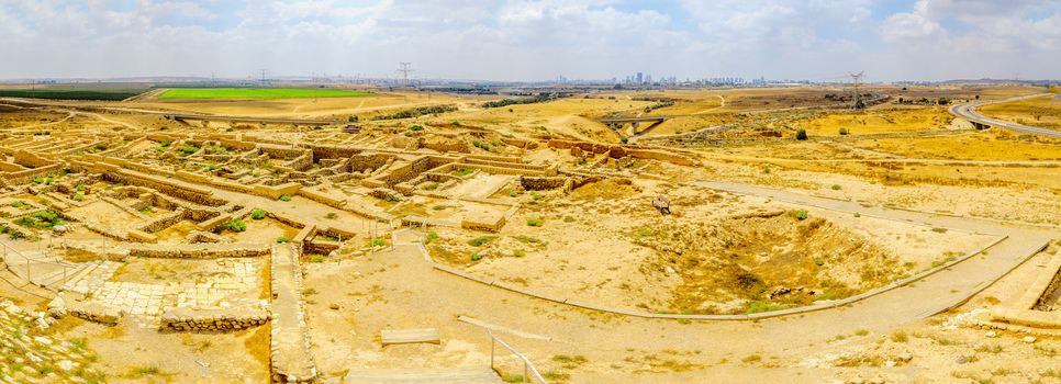 Panoramic view of Tel Beer Sheva archaeological site, believed to be the remains of the biblical town of Beersheba. Now a UNESCO world heritage site and national park. Southern Israel