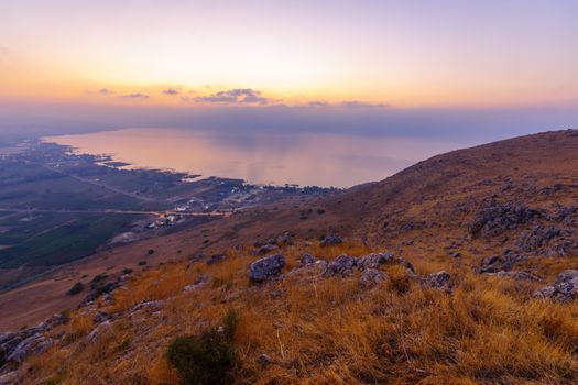 Sunrise view of the Sea of Galilee, from mount Arbel. Northern Israel