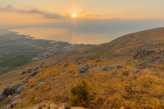 Sunrise view of the Sea of Galilee, from mount Arbel. Northern Israel