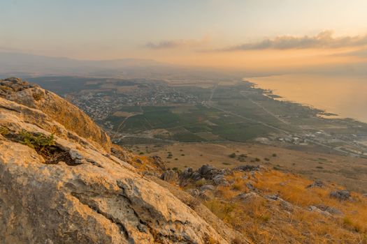 Sunrise view of the Sea of Galilee, from mount Arbel. Northern Israel