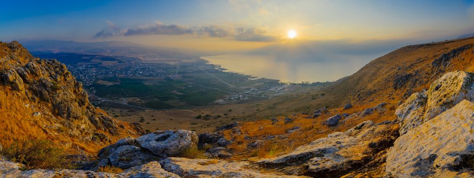 Panoramic sunrise view of the Sea of Galilee, from mount Arbel. Northern Israel