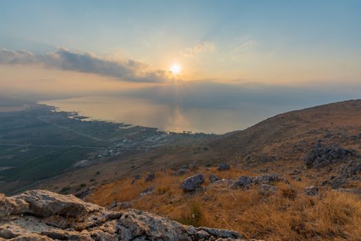 Sunrise view of the Sea of Galilee, from mount Arbel. Northern Israel