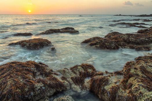 HDR shot of ocean washing the rocks covered with algae and sea weed in susnet light. Koh Lanta, Thailand