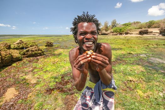 Malindi, Kenya - April 08, 2015: Local beach boy posing for tourists holding small crab and smiling widely, with sea bottom uncovered during low tide in background.