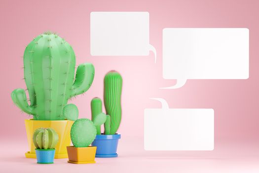 Four cactus plants are placed in a pink background on the left and have a white blank text box on the right. The concept of a group of people who love and like to plant cactus. 3D illustration render.