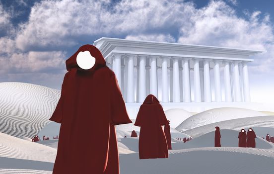 Surreal desert. Faceless figures in cloaks. White Temple on a horizon. 3D rendering
