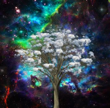Sky tree. Clouds on a branches. Modern surreal art. 3D rendering