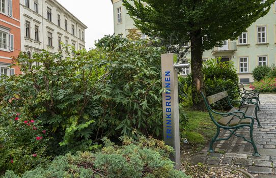 Graz, Austria. August 2020. a drinking water fountain in the city center