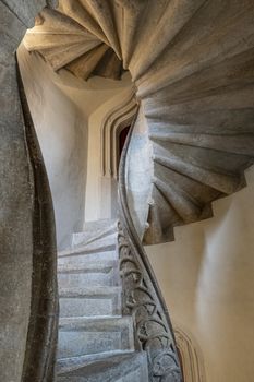 Graz, Austria. August 2020.  detail of the double helical spiral staircase built in 1499 located in the inner courtyard of the palaces of the former imperial residence Grazer Burg