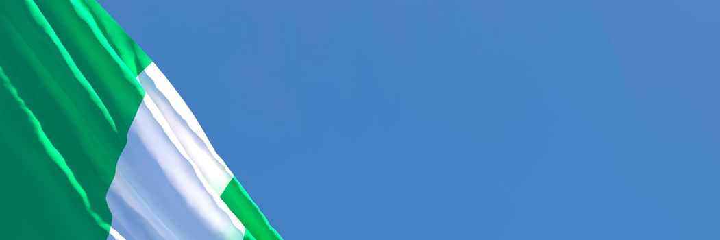 3D rendering of the national flag of Nigeria waving in the wind against a blue sky