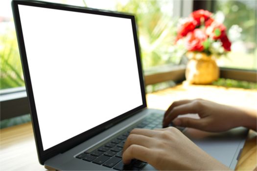 Teenage woman hand using Tablet PC with white screen separate co