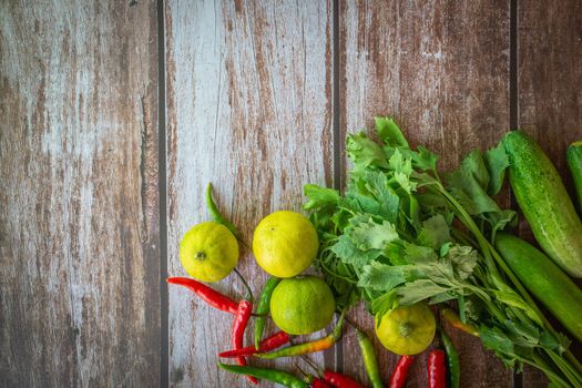 Gathering of vegetables on wood background, with Free Space for text, Top View