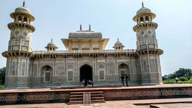 Taj Mahal Tomb mausoleum, a white marble of Mughal emperor Shah Jahan in memory of his wife Mumtaj. Taj Mahal is jewel of Muslim art and a masterpieces of world heritage. Agra, India South Asia Pacific August 19, 2019