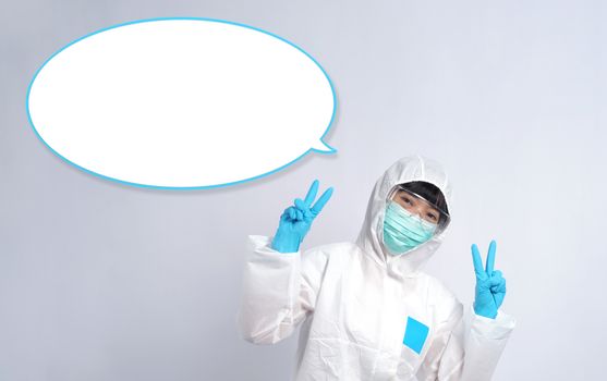 Woman doctor in PPE or personal protection equipment suit and medical mask and glove for protect corona virus or covid-19 and studio shot on white background and copy space