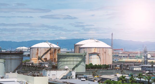 Blurry image of petroleum factory oil tank in Osaka district Kansai area of Japan for energy and chemical production.