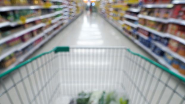 Blurry images of supermarket cart in big shopping department stores and POV or subjective camera angle.