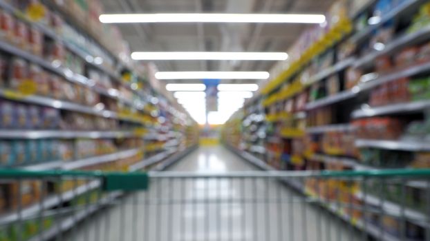 Blurry images of supermarket cart in big shopping department stores and POV or subjective camera angle.