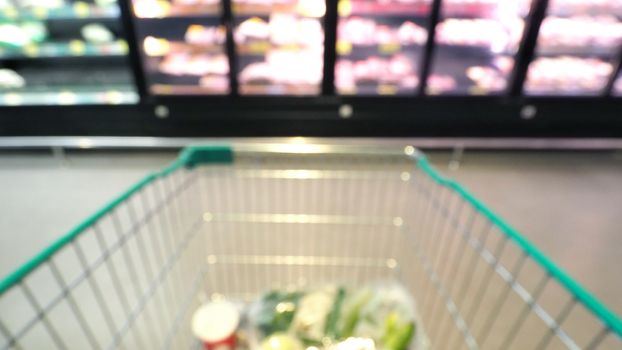 Blurry images of supermarket cart in big shopping department stores and POV or subjective camera angle.