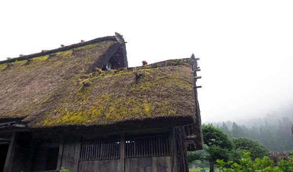 Shirakawa-go village in the rainy day and old vintage style house in Japan.