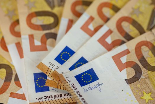 detail of fanned 50 euro banknotes