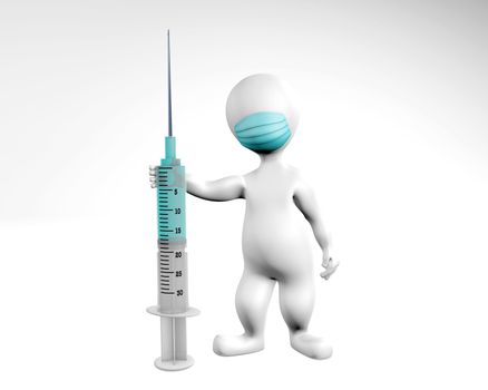 Fatty man with a mask and syringe 3d rendering isolated on white