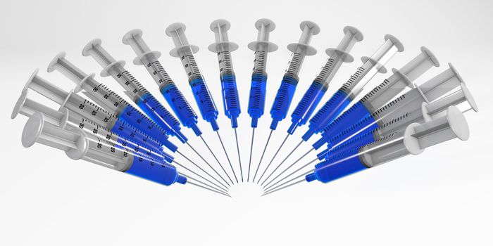 syringes arranged 3d rendering medical vaccine concept isolated on white